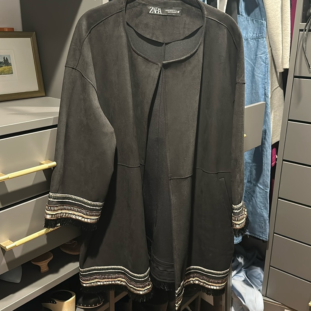 Zara longline black faux suede jacket XXL. Gold detail and fringed sleeve.